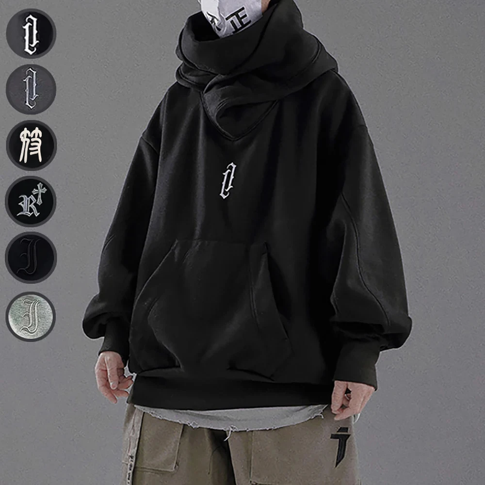 Top Trends: Japanese Harajuku Urban Streetwear Cyber Punk Y2K Scarf Collar Pullover Oversized Techwear Hoodie For Men Black Dark Grey Shoppable Styles