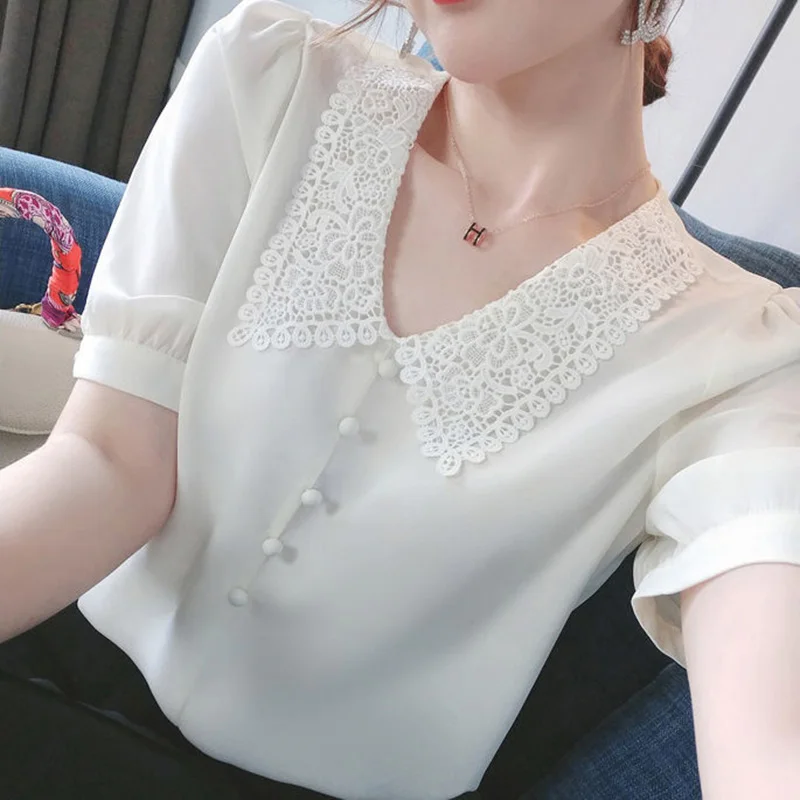 Top Trends: Sweet Lace Spliced Lapel Beading Oversized Chiffon Shirt Summer Casual Pullovers Loose Elegant Women's Clothing Commute Blouse Shoppable Styles