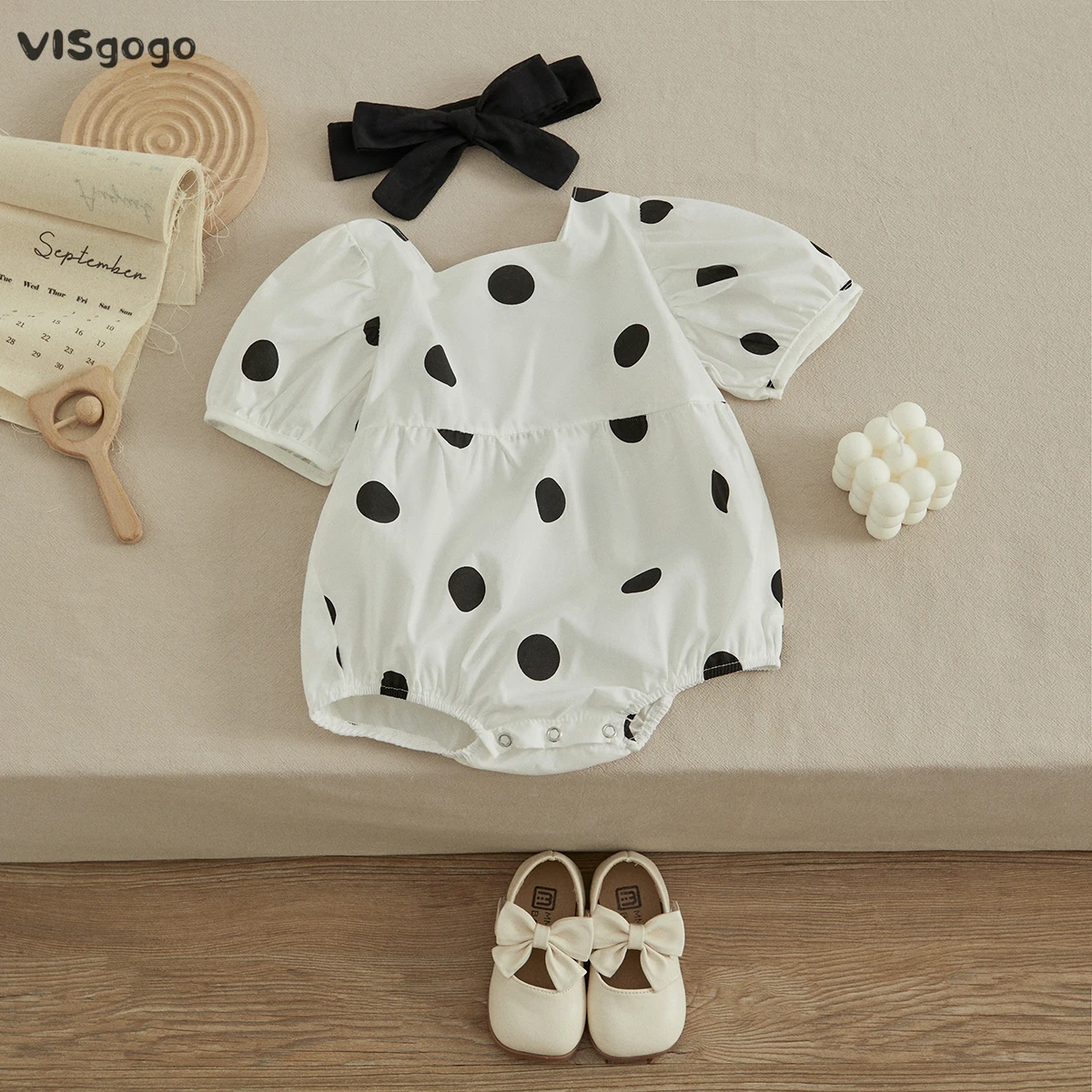 Top Trends: VISgogo Infant Baby Girl Romper Polka Dot Puff Sleeve Bodysuit Jumpsuit Bow Headband Outfit Sweet Style Baby Summer Clothing Shoppable Styles