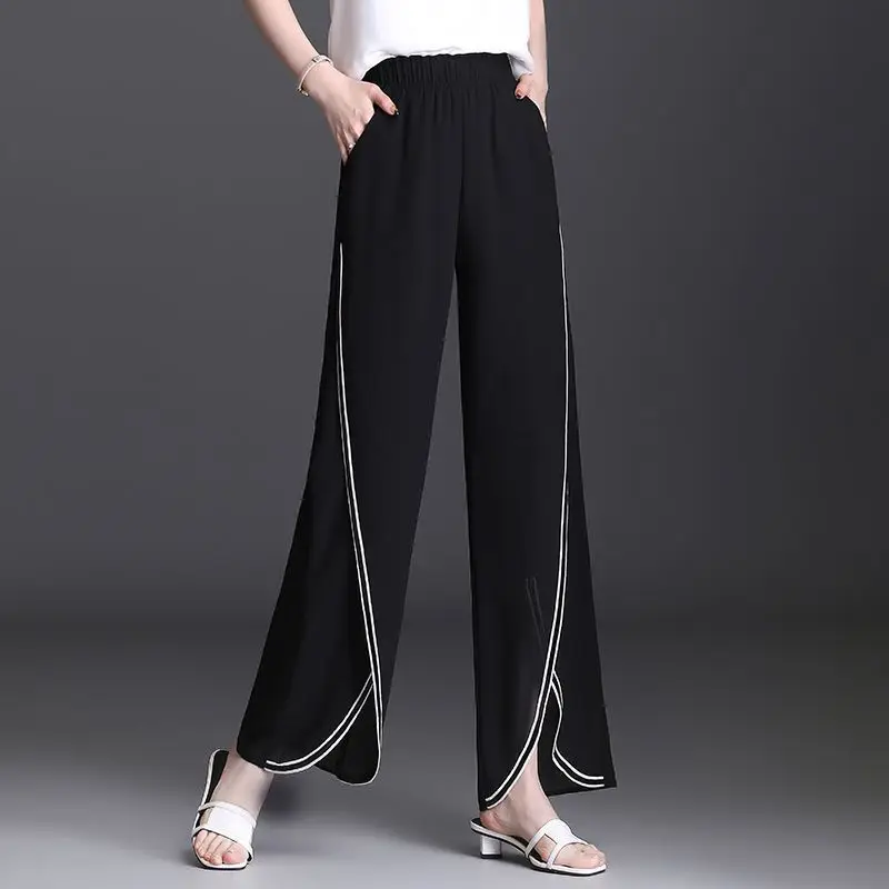 Top Trends: Korean High Waist Women Summer New Wide Leg Pants Black Chiffon Thin Line Split Irregular Fashion Loose Casual Straight Trousers Shoppable Styles