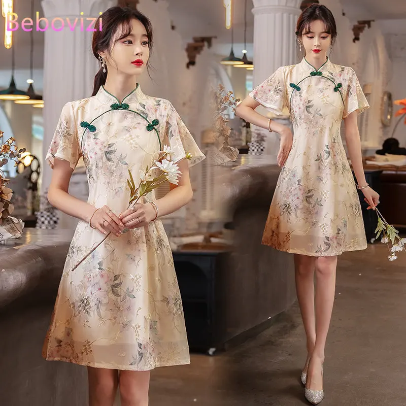 Top Trends: New Style Summer Improved Chiffon Cheongsam Women&#039; Elegant Chinese Traditional Short Sleeve Qipao Dress Modern Shoppable Styles