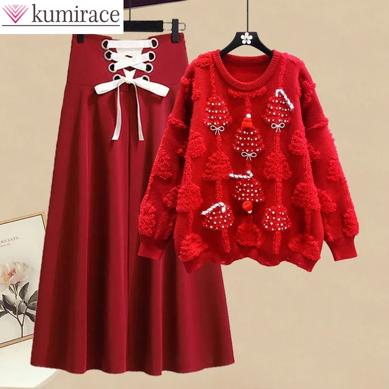 Top Trends: Winter New Embroidery Style Thickened Knitted Sweater Pullover Lace Up Pleated Half Skirt Two Piece Elegant Women&#039;s Party Dress Shoppable Styles