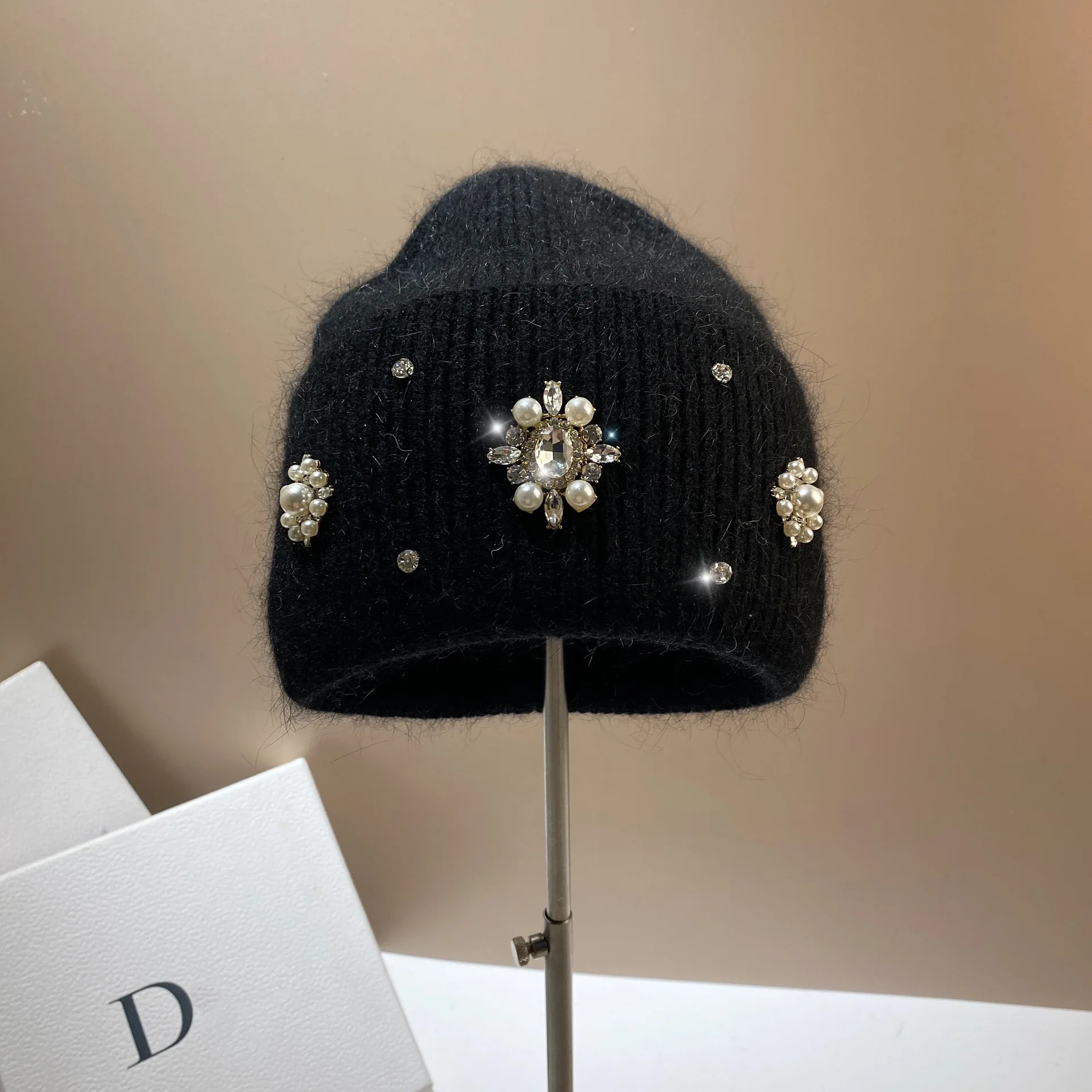 Top Trends: Designer Brand Women Luxury Rhinestones Knitted Hat Autumn Winter Rabbit Fur Beanie Cap Female Thicken Warm Skullies Caps Shoppable Styles