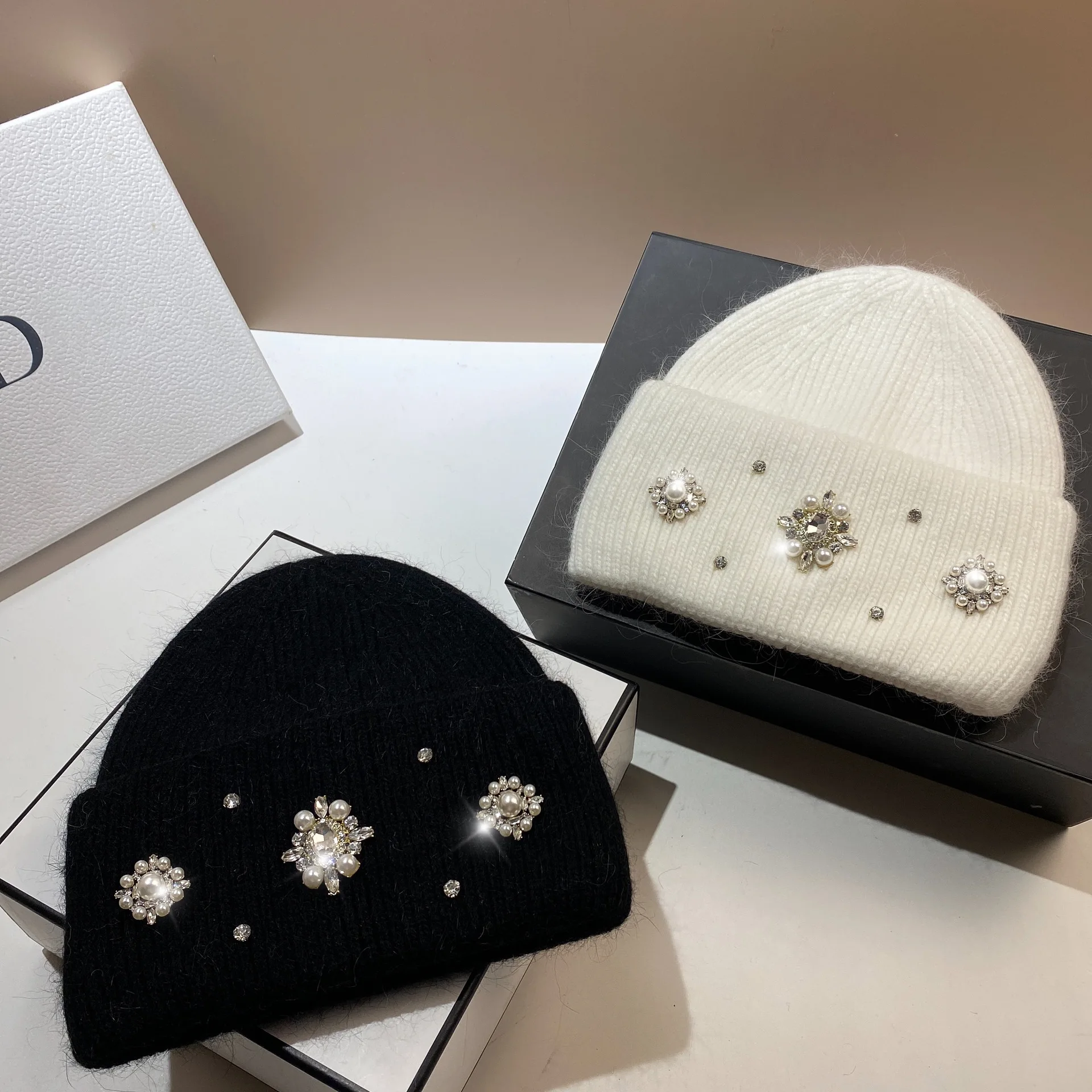 Top Trends: Designer Brand Women Luxury Rhinestones Knitted Hat Autumn Winter Rabbit Fur Beanie Cap Female Thicken Warm Skullies Caps Shoppable Styles - Image 2