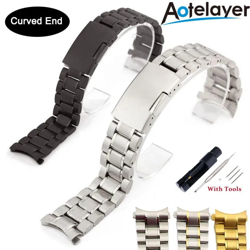 Top Trends: 12 14 16 18 19 20 21 22 24mm High Quality Solid Stainless Steel Curved End Watch Strap Wrist Band Bracelet Accessories With Tool Shoppable Styles