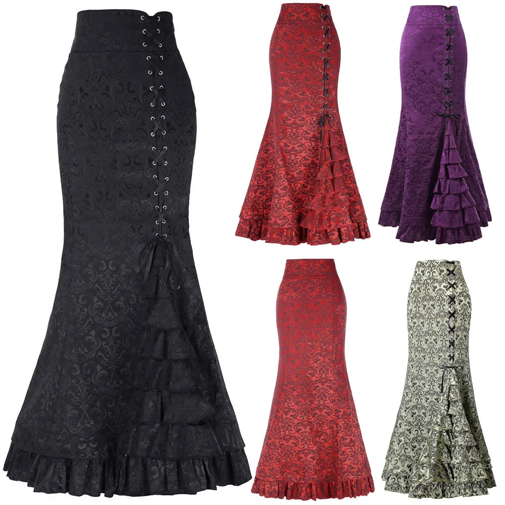 Top Trends: Skirt Bodycon Ruffle Women Punk Style Jacquard Mermaid Skirt Fashion Halloween Gothic Victorian Steampunk Long Bodycon Ruffle Shoppable Styles