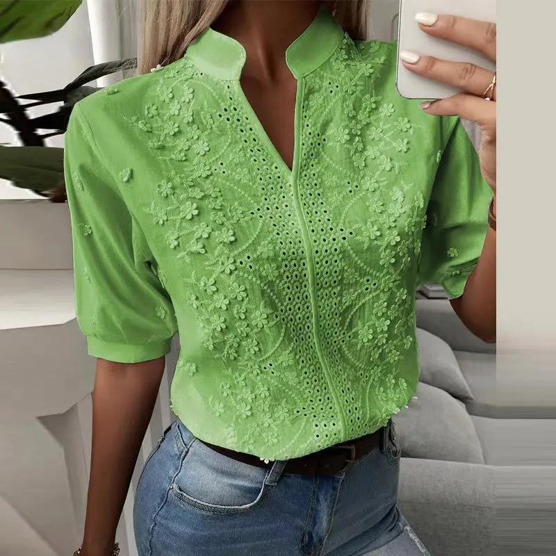 Top Trends: Summer Lace Hollow-out Chic Short Sleeve Blouse Hook Flower Embroidery Casual Solid Cotton Shirt Green White Top Women Clothing Shoppable Styles