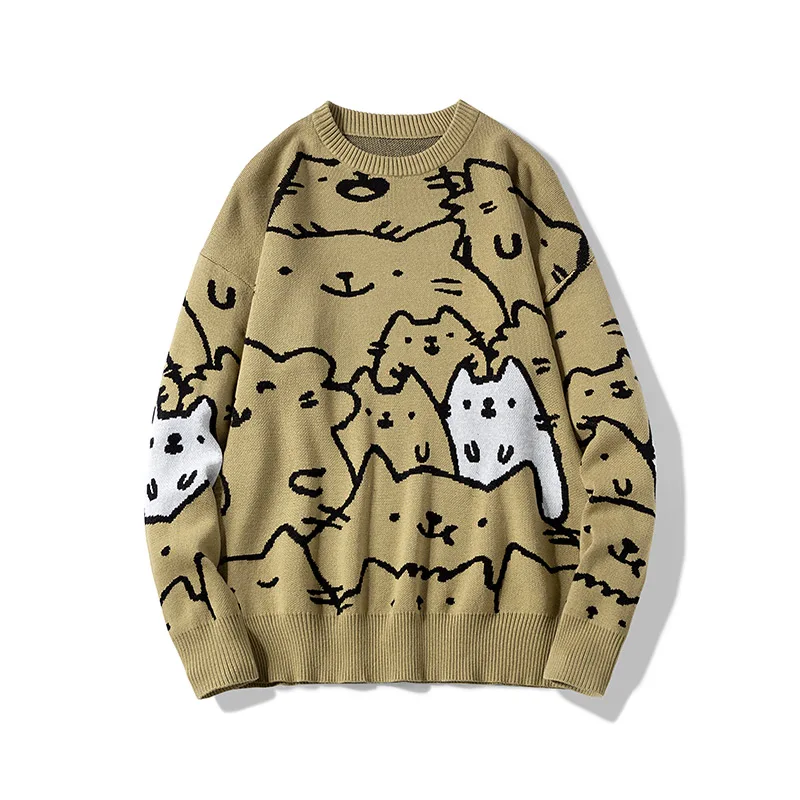 Top Trends: Autumn Cotton Anime Sweaters Men Retro Harajuku Vintage Oversized Sweaters Loose Cute Cartoon Cat Pullovers Homme Men Clothing Shoppable Styles