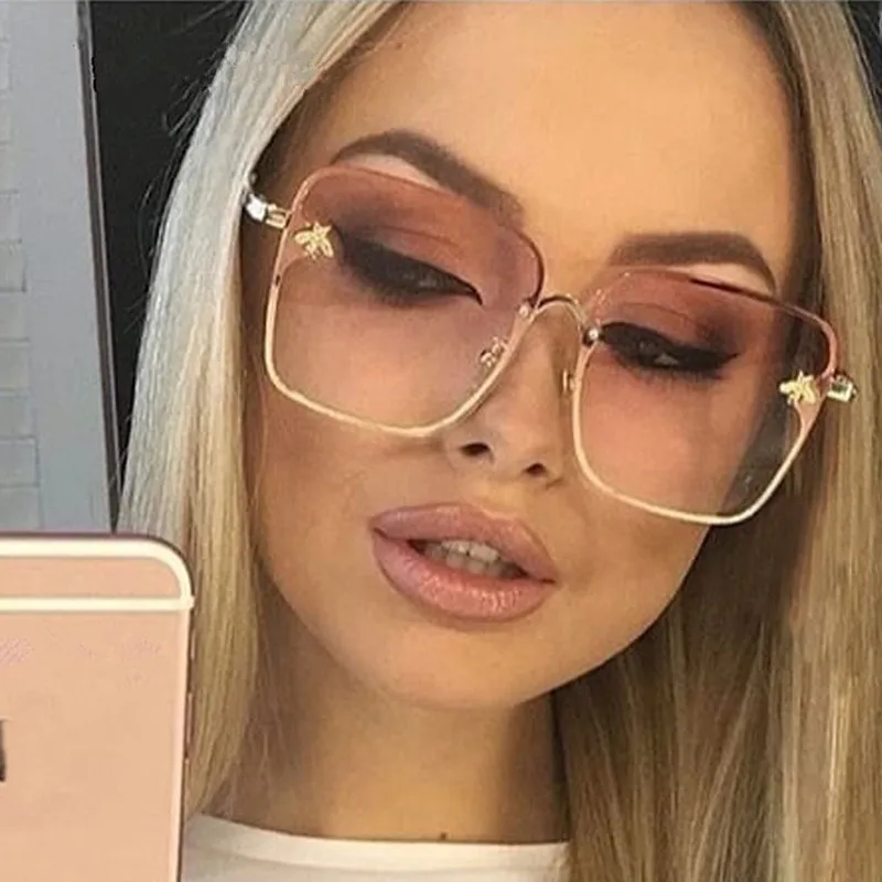 Top Trends: New Lady Oversize Rimless Square Bee Sunglasses Women Brand Fashion Small Bee Gradient Sun Glasses Female UV400 Shoppable Styles