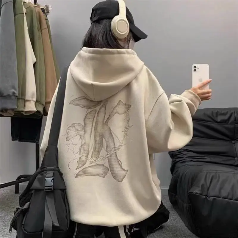 Top Trends: Fashion Korean Vintage Personalized Print Graphic Hoodie Winter Suede Y2K Loose Street Hip Hop Women Sports Oversized Hoodie Shoppable Styles