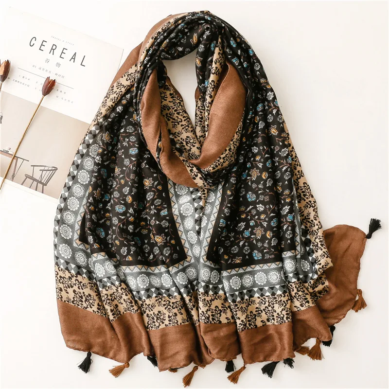 Top Trends: New Autumn Fashion Women Viscose Scarf Lovely Vintage Floral Tassel Hijab Shawls And Wraps Foulard Echarpe Muslim Sjaal 180*90Cm Shoppable Styles