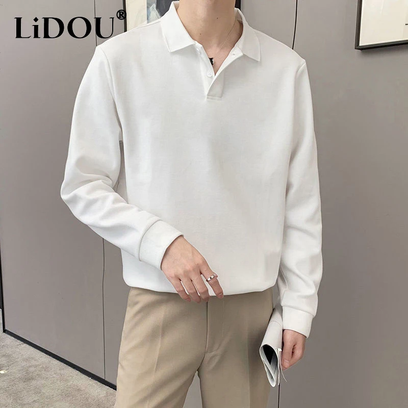 Top Trends: Spring Autumn Korean Casual Fashion Solid Color Polo T-shirts Man Ropa Hombre Long Sleeve Loose Button Tops All Match Streetwear Shoppable Styles