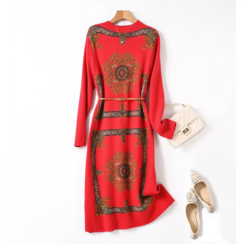 Top Trends: Autumn Winter New Women Clothes Loose O-Neck Knitted Wool Dress Ethnic Style Elegant Fashion Jacquard Sweater Dress Dress Shoppable Styles