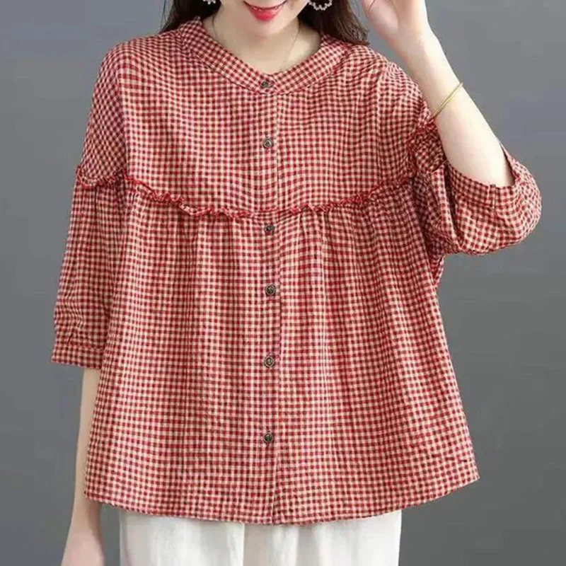 Top Trends: Fashion Loose Button Spliced Folds Ruffles Lattice Blouse Female Clothing 2023 Summer New Casual Pullovers Lantern Sleeve Shirt Shoppable Styles