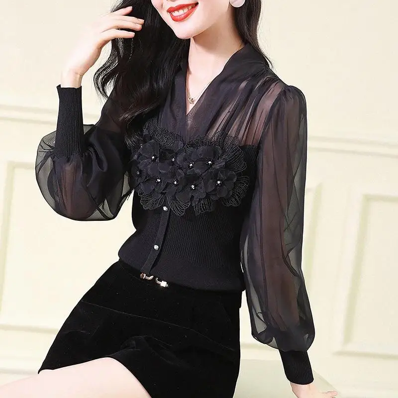 Top Trends: Office Lady Knitted Patchwork Blouse Spring Autumn Elegant V-Neck Slim Women's Fashion Floral Three-dimensional Decoration Shirt Shoppable Styles