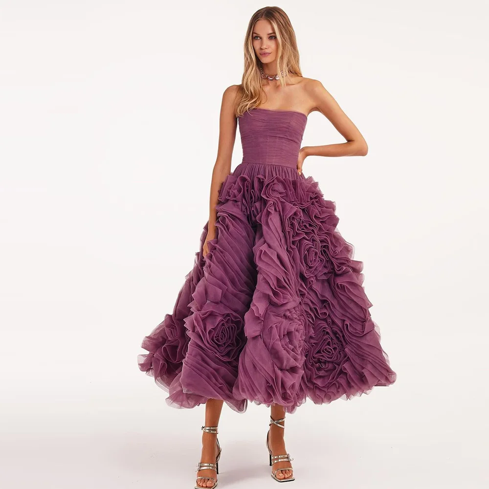 Top Trends: Sevintage Elegant Purple Tiered Ruffles Tulle Prom Dresses Sleeveless Pleat Ruched Tea-Length A-Line Evening Gowns Formal Dress Shoppable Styles