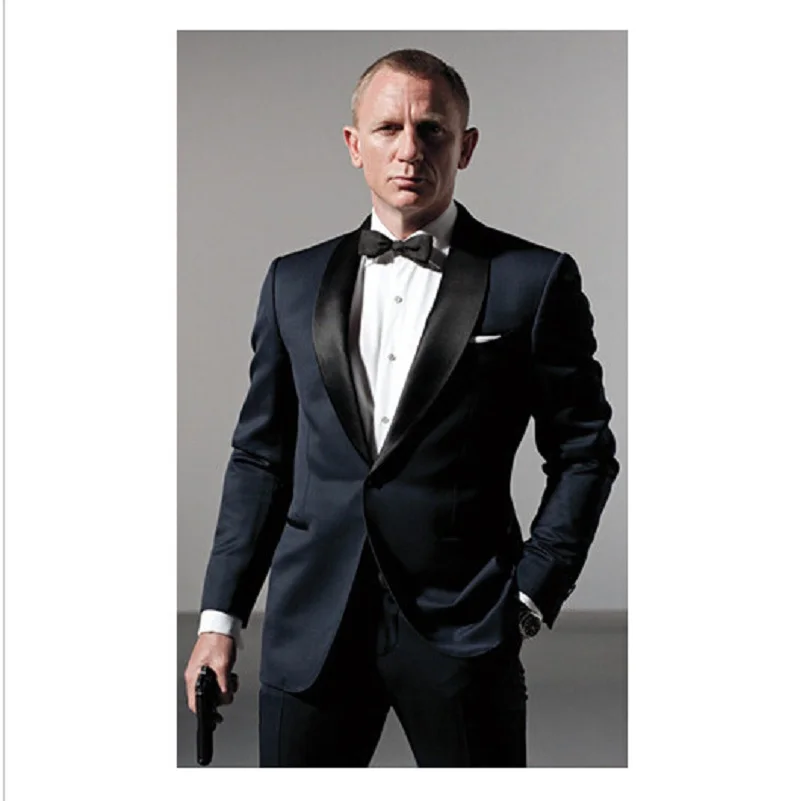 Top Trends: Classic Style Dark Blue Tuxedos Inspired By Men Suit Worn In James Bond Wedding Suit For Men Groom Jacket Pants Bow BLack Shoppable Styles