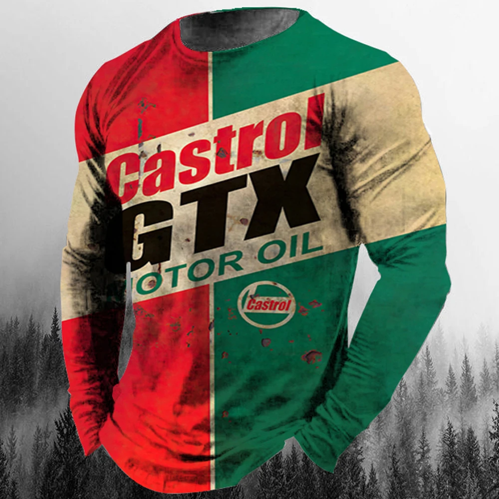 Top Trends: Vintage Men's T Shirt Long Sleeve Cotton Top Tees Castrol Oil Graphic 3D Print Motorcycle T-shirt Oversized Loose Biker Clothing Shoppable Styles