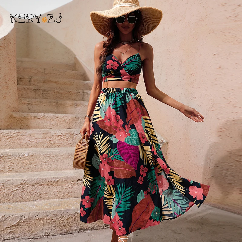 Top Trends: KEBY ZJ Y2K Bikini Crop Tops Skirts Set For Women Summer Two Pieces Skirt Beach Vacation Floral Print Maxi Skirt Sexy Boho Set Shoppable Styles