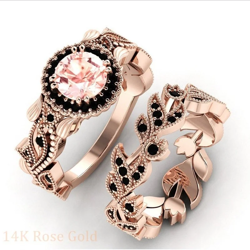 Top Trends: 2 Pieces / set Exquisite Rose Gold Color Black Zircon Ring Vintage Flower Vine Inlaid With Champagne Stones Wedding Ring Set Shoppable Styles