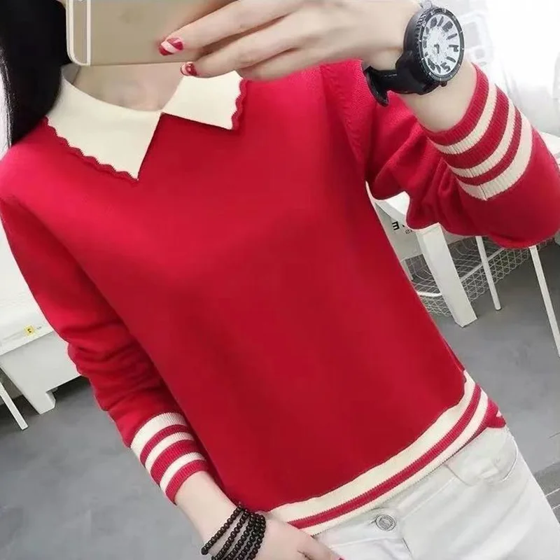 Top Trends: Fashion Peter Pan Collar Spliced Striped Korean Sweaters Female Clothing 2023 Autumn Winter Casual Pullovers Commute Tops Shoppable Styles