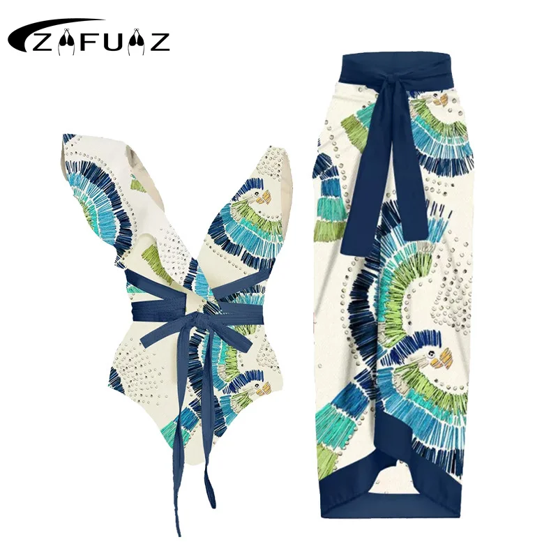 Top Trends: ZAFUAZ One-Piece Swimsuits 2024 Woman Vintage Print Ruffle Deep V Bikini Kimono Fashion Cover-Up Swimwear Bathing Suit Beachwear Shoppable Styles