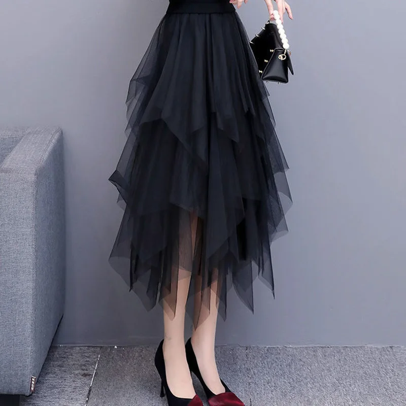 Top Trends: Elegant Fashion Mesh Irregular Cupcake Patchwork Midi Skirt 2023 Korean Casual Commute All-match Elastic High Waist A-Line Skirt Shoppable Styles