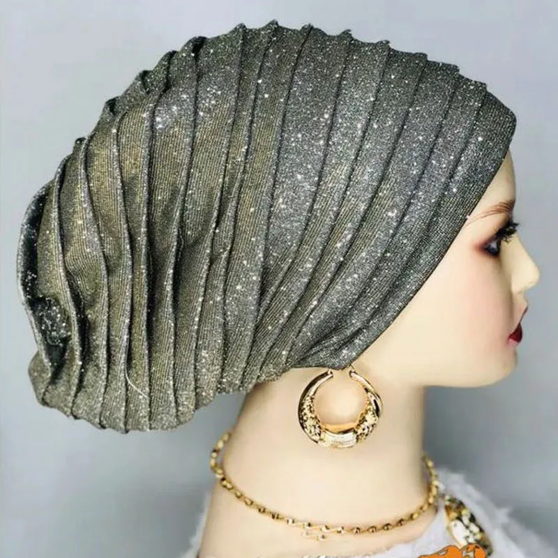 Top Trends: Glitter Pleated African Turban Cap Women&#039;s Head Wraps Nigeria Party Headpiece Female Wedding Auto Gele Headdress Beanie Shoppable Styles