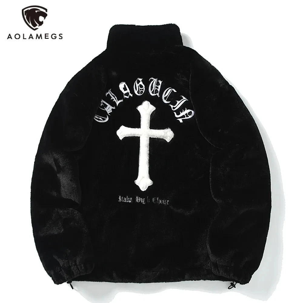 Top Trends: Men Rabbit Fur Jacket Coats Hip Hop Cross Letters Winter Fleece Jacket Streetwear Casual Harajuku Coat Zip Up Fashion Outerwear Shoppable Styles