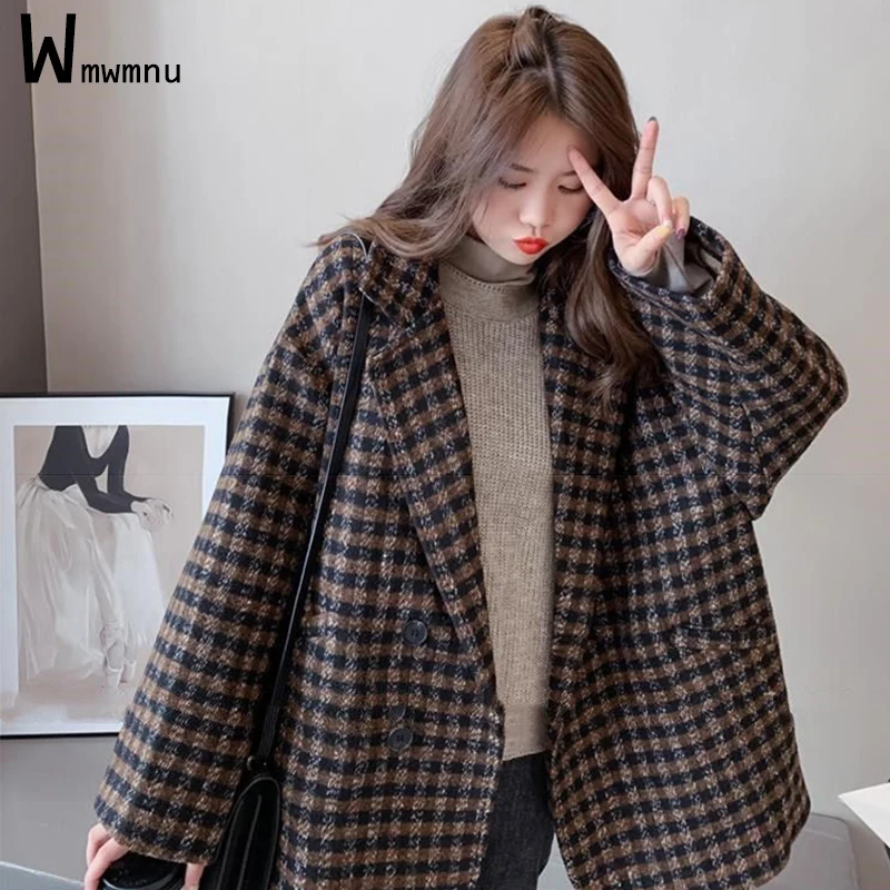 Top Trends: Woolen Plaid Women Vintage Blazer Autumn Thick Oversized 75KG Single Breasted Suit Coats 2022 New Offlce Lady Casual Outwears Shoppable Styles