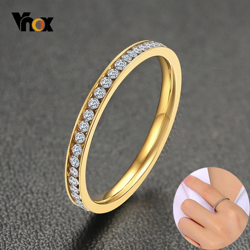 Top Trends: Vnox 2mm Bling CZ Stones Ring For Women Lady Gold Color Stainless Steel Shinny Crystal Finger Band Elegant Jewelry Shoppable Styles