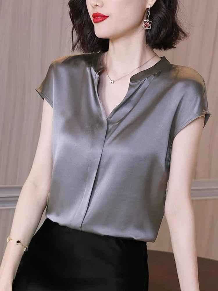 Top Trends: Satin Blouse Women Short Sleeve Top Office Lady V Neck Solid Color Office Blouses Fashion Summer Chiffon Shirt Blusas De Mujer Shoppable Styles