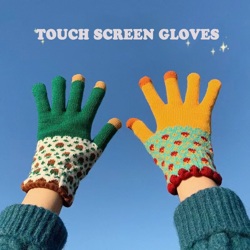 Top Trends: Cute Vintage Colorful Flower Knitted Hand Gloves Women Girl Touch Screen Thick Wool Warm Glove Winter Ski Ride Windproof Mittens Shoppable Styles