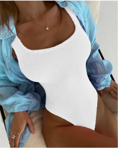 Top Trends: 2022 Spring And Summer New Special Fabric Wrinkle Cloth Wavy Strip Candy Color One-piece Swimsuit For Women Fluorescent Wrinkle Shoppable Styles