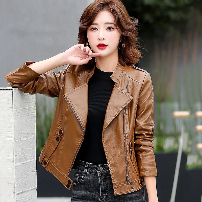 Top Trends: New Women Leather Jacket Spring 2022 Cool Fashion Moto&Biker Style Outerwear Stand Collar Short Leather Sheepskin Coat Shoppable Styles