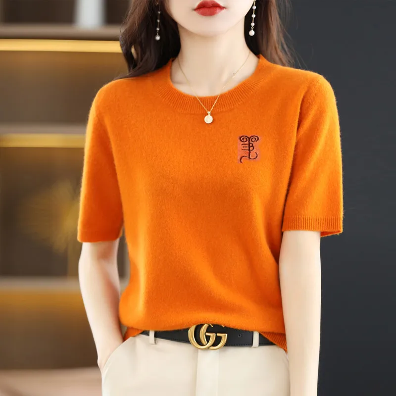 Top Trends: Summer New Round Neck Korean Soft Fashion Embroidery T-Shirt Women&#039;s Knitted Sweater Loose And Elegant Short Sleeve Pullover Shoppable Styles