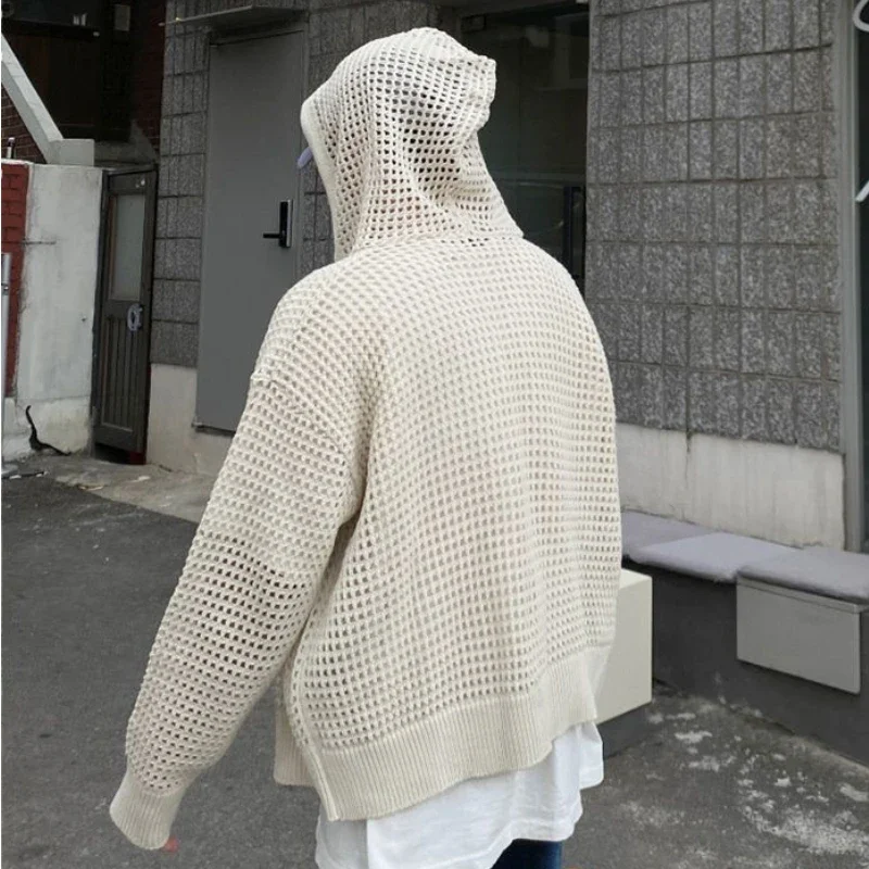 Top Trends: HOUZHOU Vintage Knit Mesh Coat For Men Hole Hooded Cardigan Long Sleeve Tee Male Casual Autumn Japanese Streetwear Hip Hop Shoppable Styles - Image 4