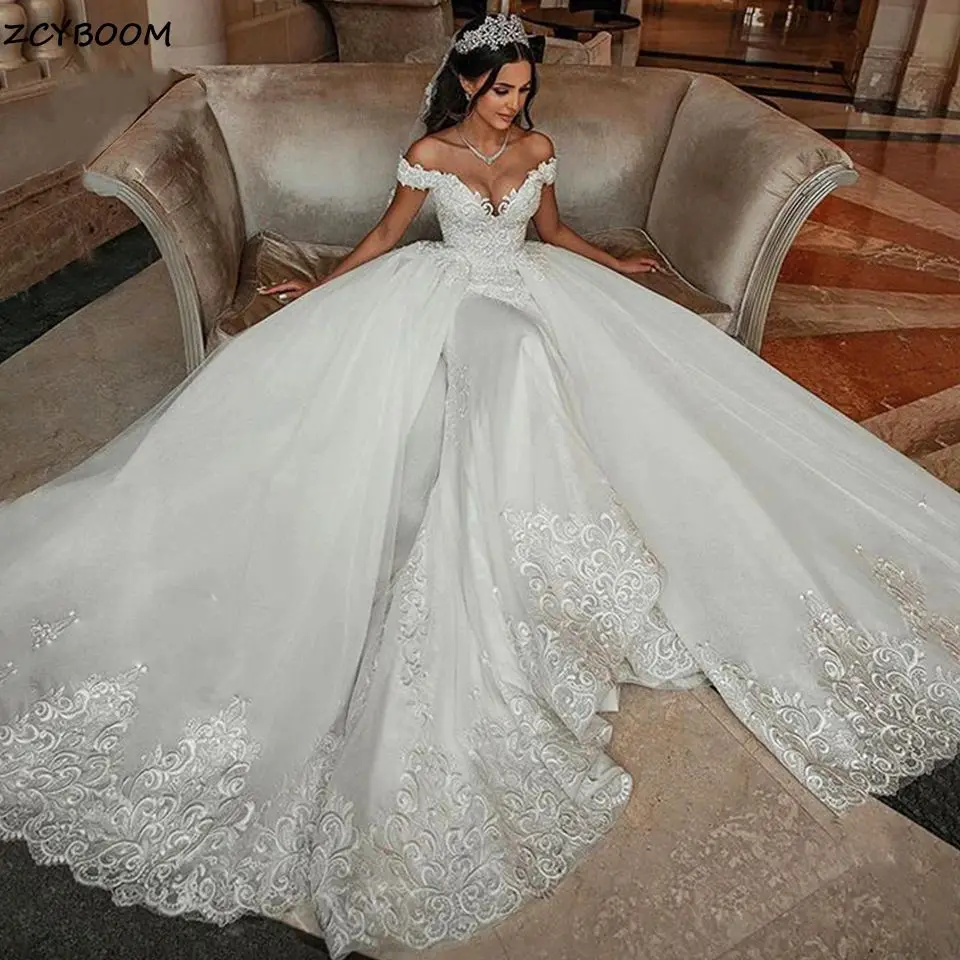 Top Trends: Luxury Off The Shoulder Princess Mermaid Wedding Dresses 2023 Sweetheart Lace Appliques Shiny Beaded Detachable Train Bride Gown Shoppable Styles