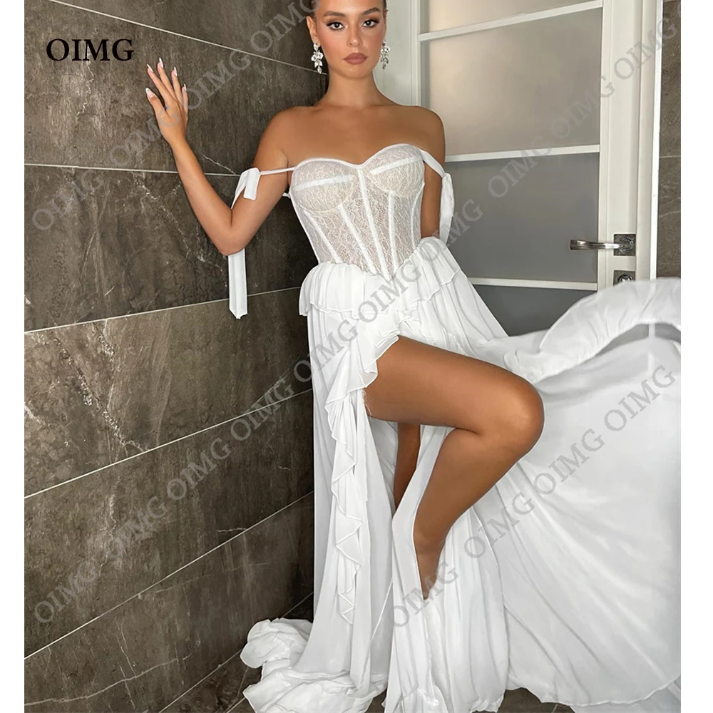 Top Trends: OIMG New Chiffon Lace Ruched Wedding Dresses Gowns A Line Sweetheart Side Slit Formal Event Pricness Bride Bridal Gown Dress Shoppable Styles