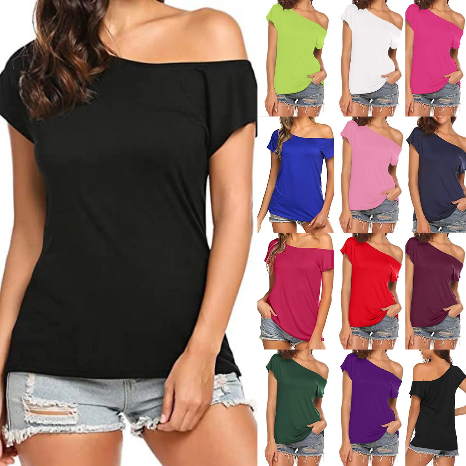 Top Trends: 2022 Summer Fashion Women's T Shirt Solid Casual One Shoulder Off Tee Tops Short Sleeve T Shirts Basic Loose Shirt Women Clothes Shoppable Styles