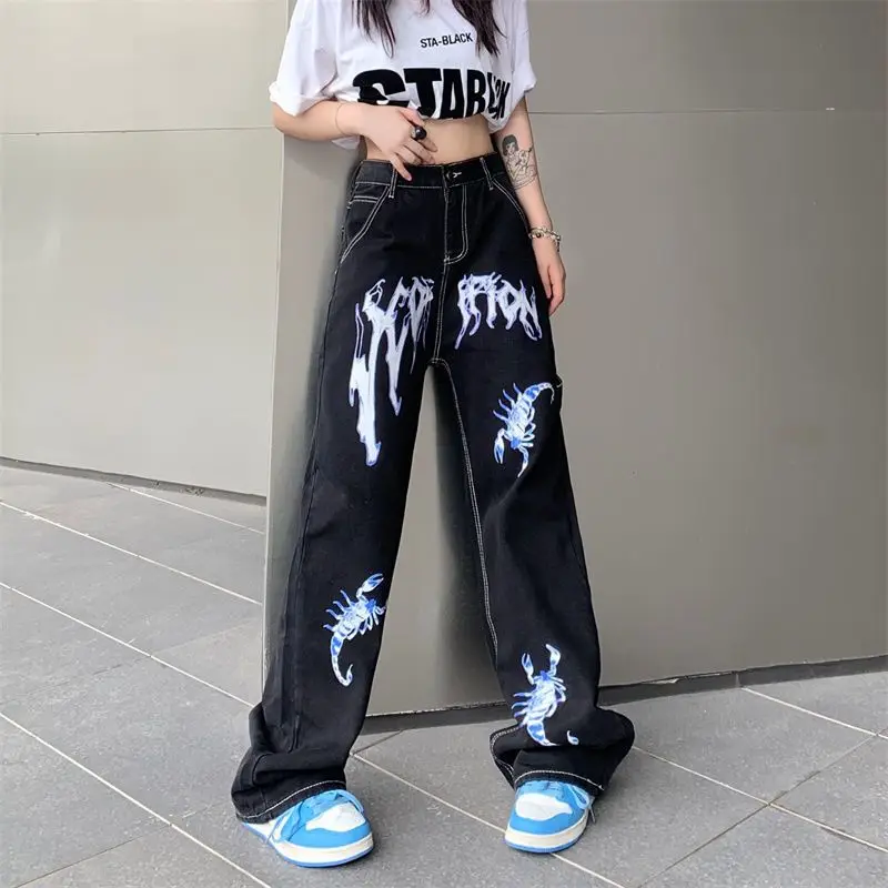 Top Trends: Streetwear Vintage Women Black Jeans Spring Autumn High Waist Pants Y2K Printing Harajuku Wide Leg Straight Loose Casual Trouser Shoppable Styles