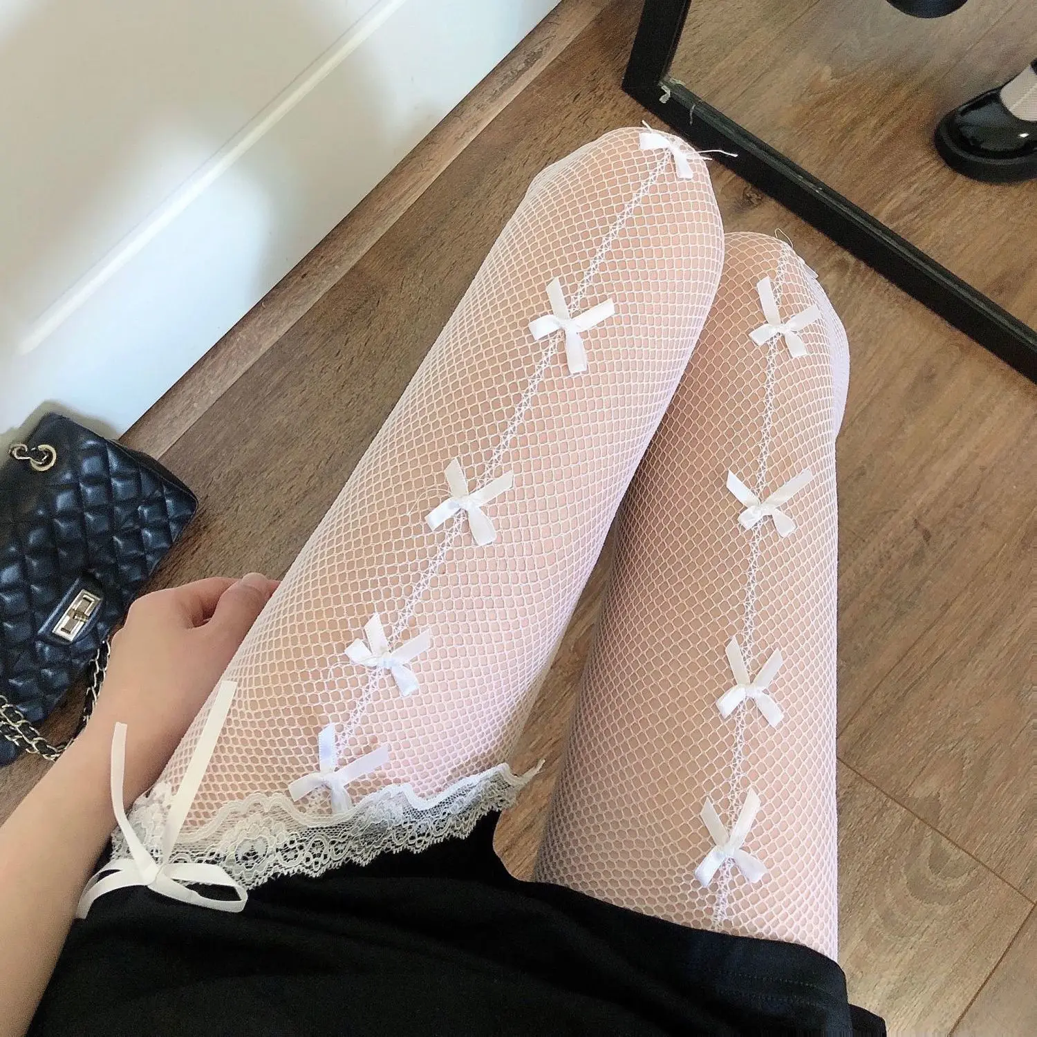 Top Trends: Bow Knot Fishnet Stockings Women&#039;s Thin Summer Sexy Loli Hollow Legs Long Tube Bottoming Silk Pantyhose Tall Cute Maid Stockings Shoppable Styles