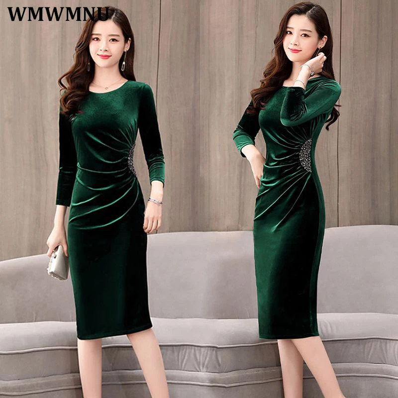 Top Trends: Elegant Slim Velvet Evening Party Dress Women Luxury Design Pleated Sequin Sexy Dresses Long Sleeve Korean Midi Vestido Festa Shoppable Styles