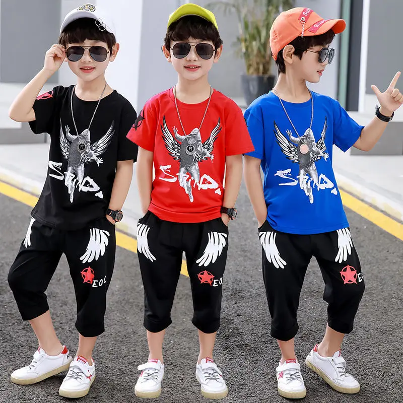 Top Trends: Boys Summer Suit 2022 Wing Man New Children's Short Sleeve T-shirt + Shorts Clothes Boy Clothing Sets Kids For 4 6 8 10 12 Years Shoppable Styles