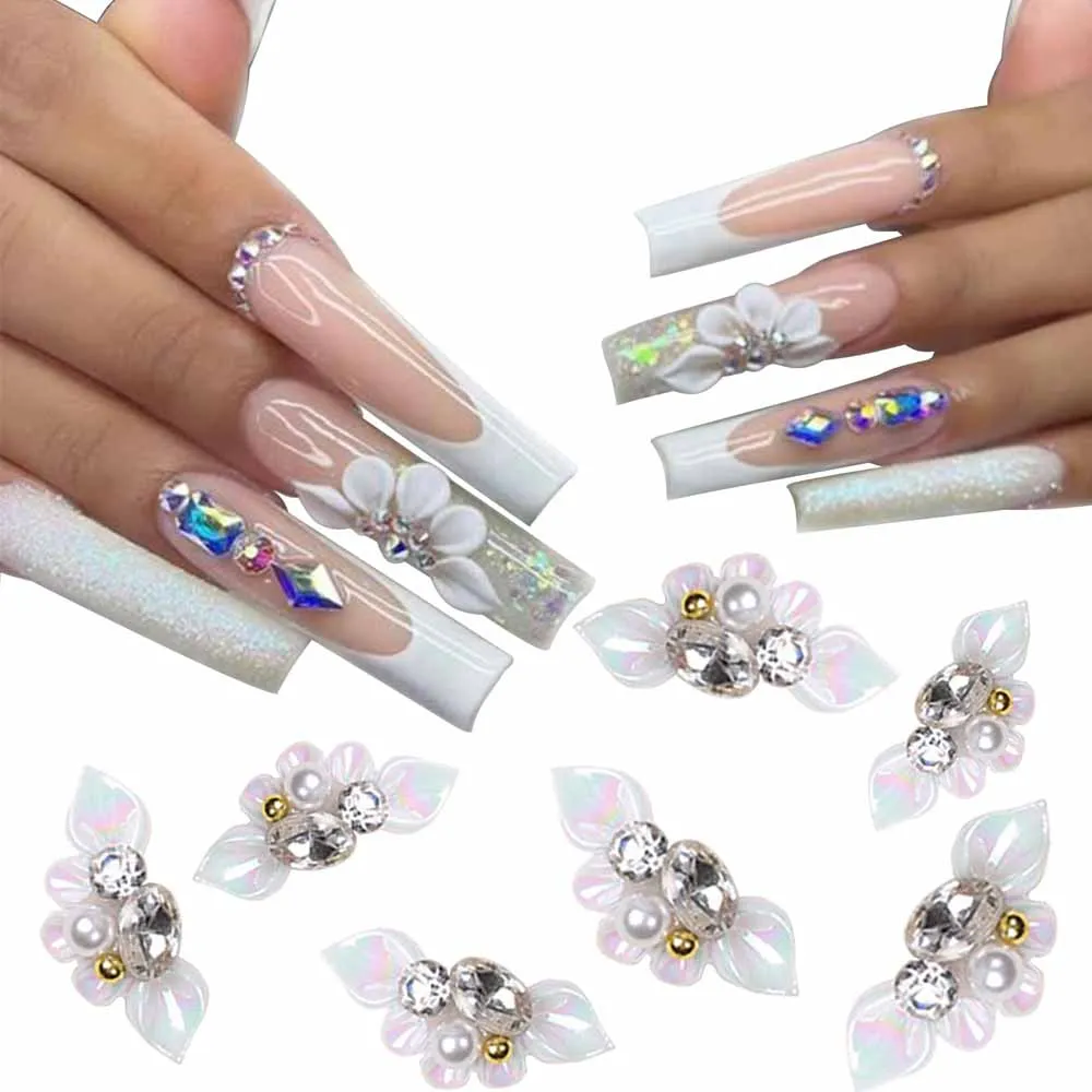 Top Trends: 5Pcs Aurora Side Flower Nail Art Charms 3D Acrylic Flowers With Pearl Rhinestone Crystal Nail Art Decoration Nail DIY Accessorie Shoppable Styles