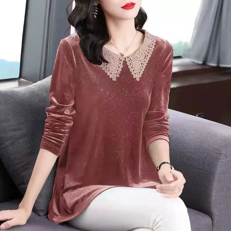 Top Trends: Fashion Peter Pan Collar Spliced Lace Sequined Blouse Women's Clothing 2022 Autumn New Casual Pullovers Loose Office Lady Shirt Shoppable Styles