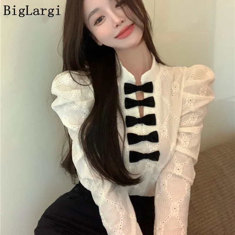 Top Trends: French Style Autumn Winter Shirt Women Bow Hollow Out Lace All-Match Female Elegant Blouse Vintage Female Basic Ladies Tops Shoppable Styles