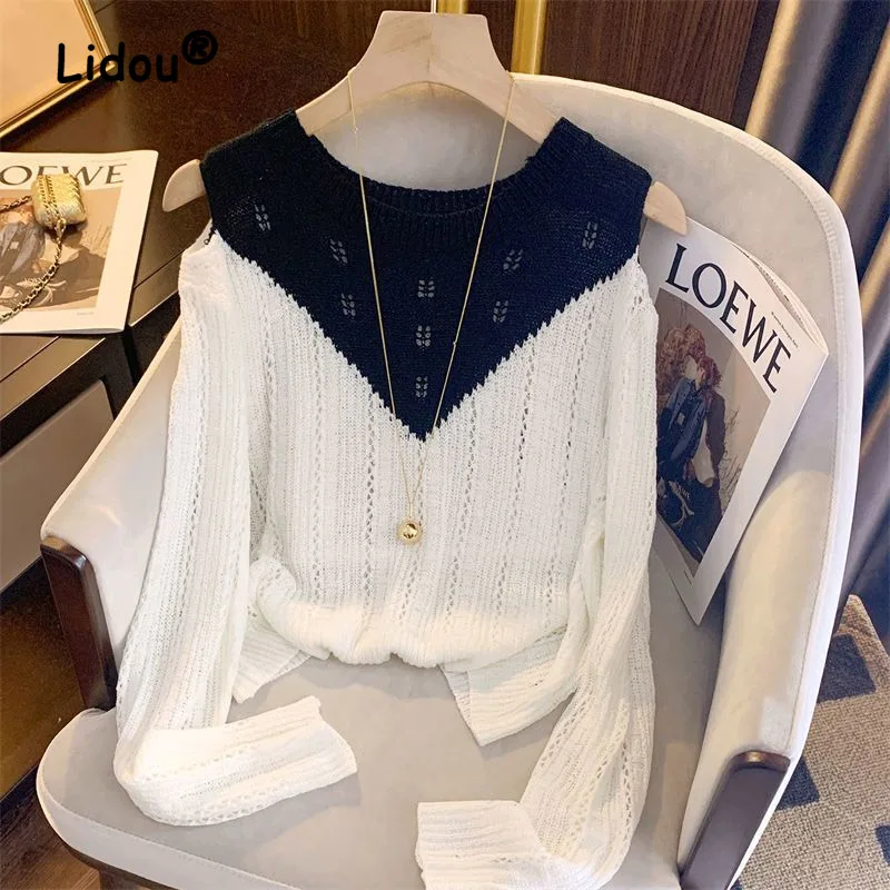 Top Trends: Fashion Hollow Out Sexy Off Shoulder Color Matching Blouse Women New Classic Long Sleeve Slim O-collar Knitting Lady Top Shoppable Styles