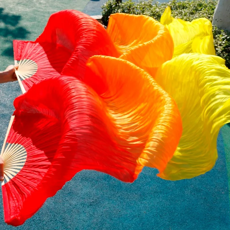 Top Trends: Hits High Selling Women Quality Silk Belly Dance Fan Dance 100% Real Silk Veils 1 Pair 180*90 CM Red+ Orange+ Yellow Shoppable Styles