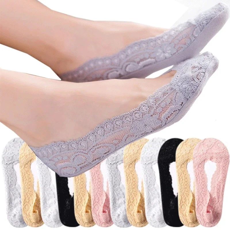 Top Trends: 5 Pairs Women Fashion Cotton Invisible Anti-slip Ankle Socks Lace Sock Women Invisible Socks Girls No Show Sock Non-slip Shoppable Styles